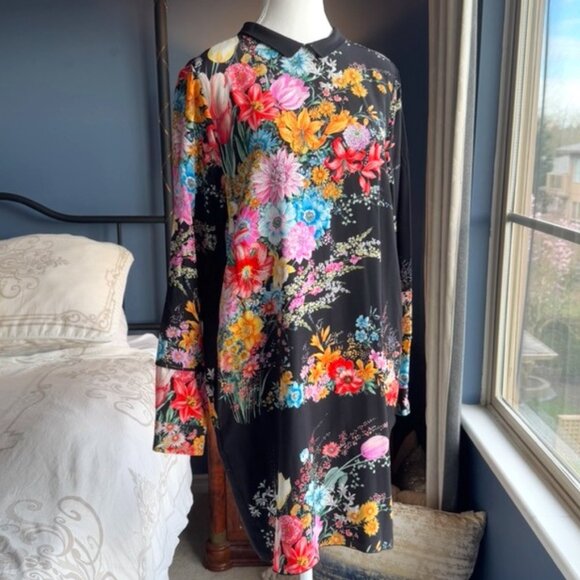NWT No. 21 Black w Bright Floral 100% Silk Long Sleeved Mini Dress - Picture 1 of 13